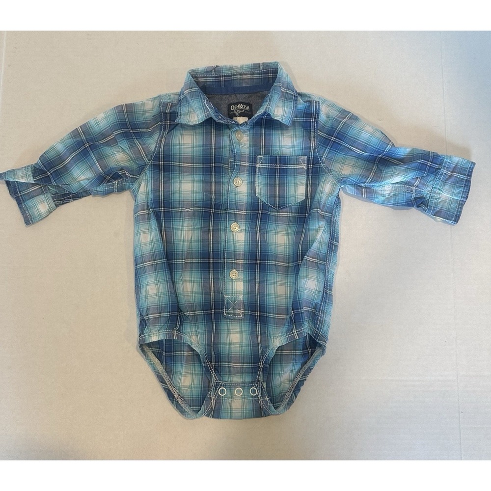 Oshkosh B'gosh Plaid Long Sleeve One Piece Shirt 100% Cotton Blue 18 Months